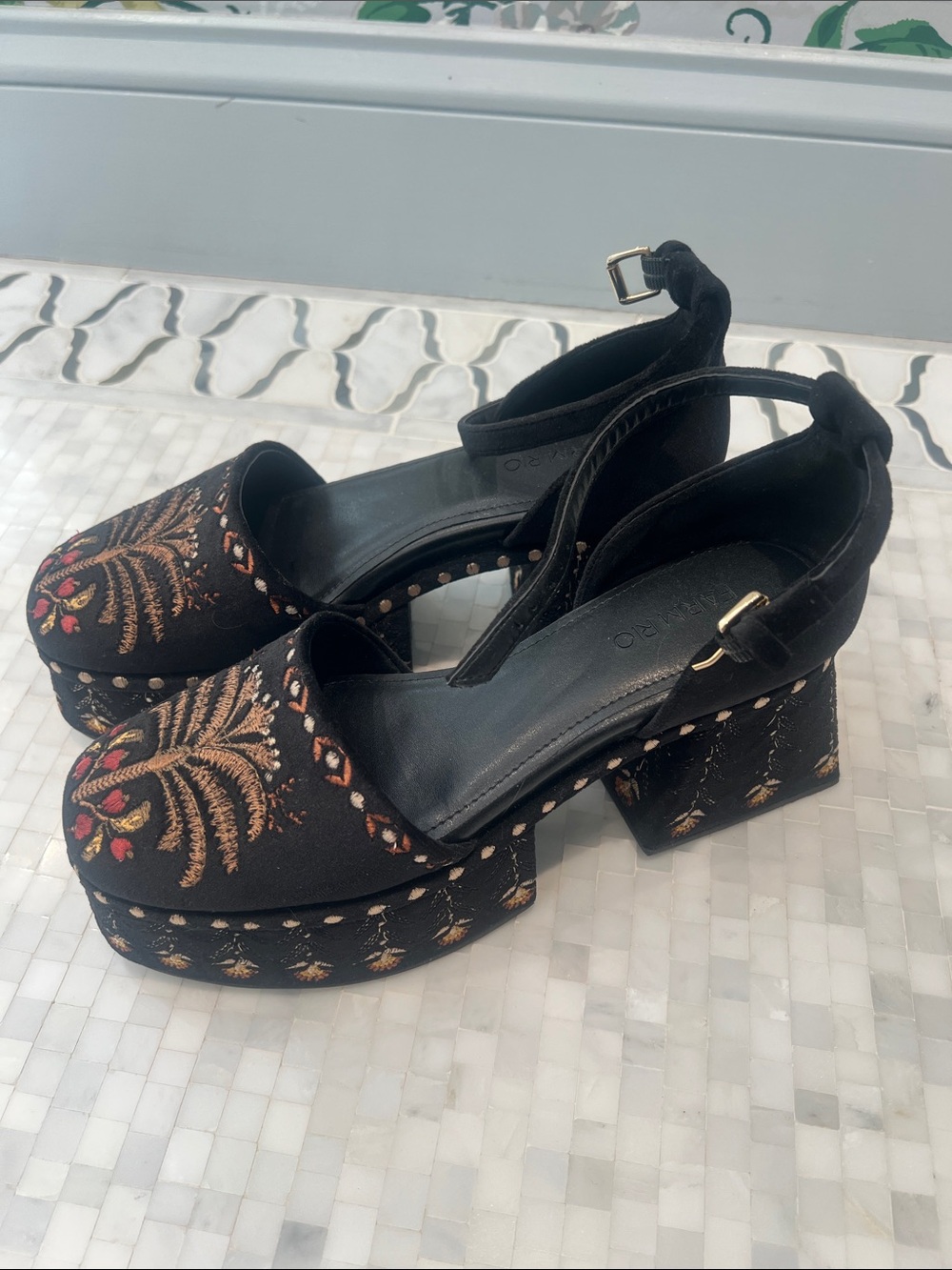 FARM Rio Black Embroidered Platform Sandals with Gold & Red Accents